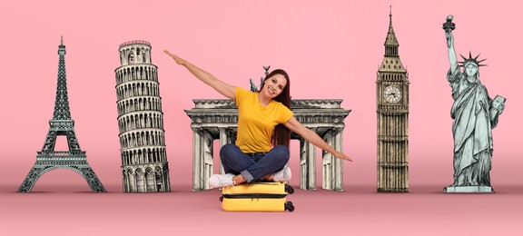 Image of Happy traveler sitting on suitcase and spreading hands as airplane wings on pink background. Illustration of famous landmarks behind her. Banner design