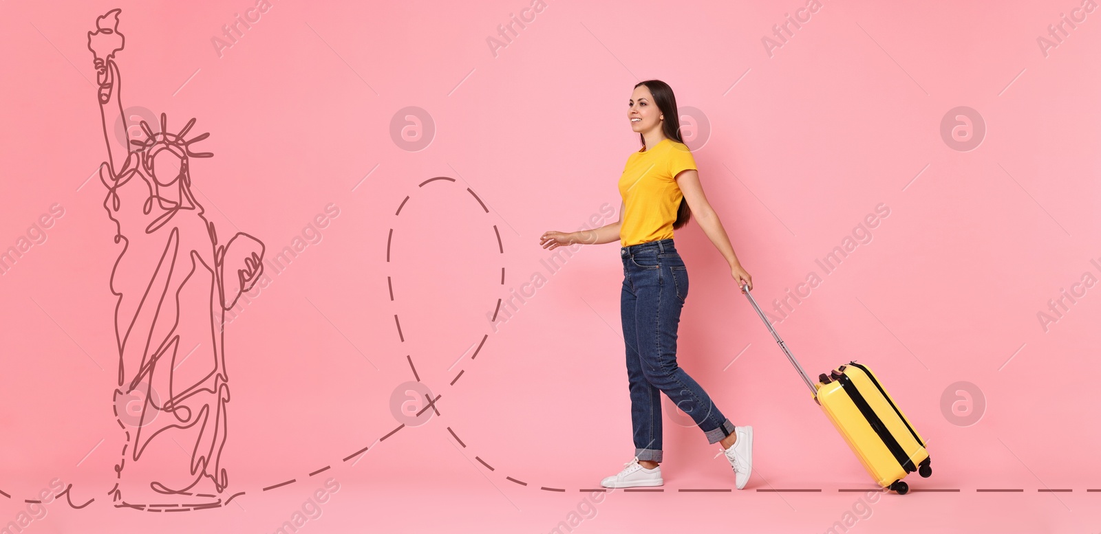 Image of Happy traveler with suitcase walking towards Statue of Liberty on pink background, banner design. Illustration of famous landmark