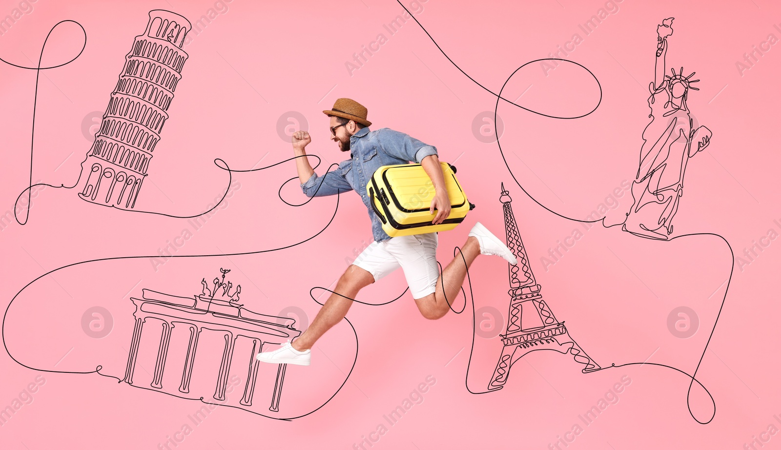 Image of Happy traveler with suitcase jumping on pink background. Illustration of famous landmarks behind man