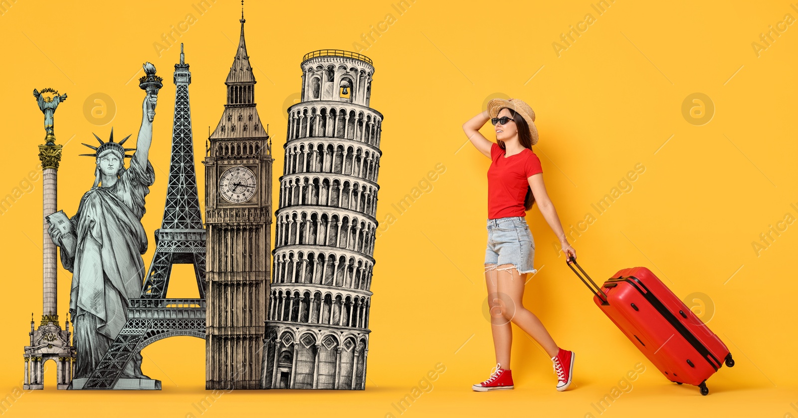 Image of Happy traveler with suitcase walking towards illustration of famous landmarks on orange background. Banner design