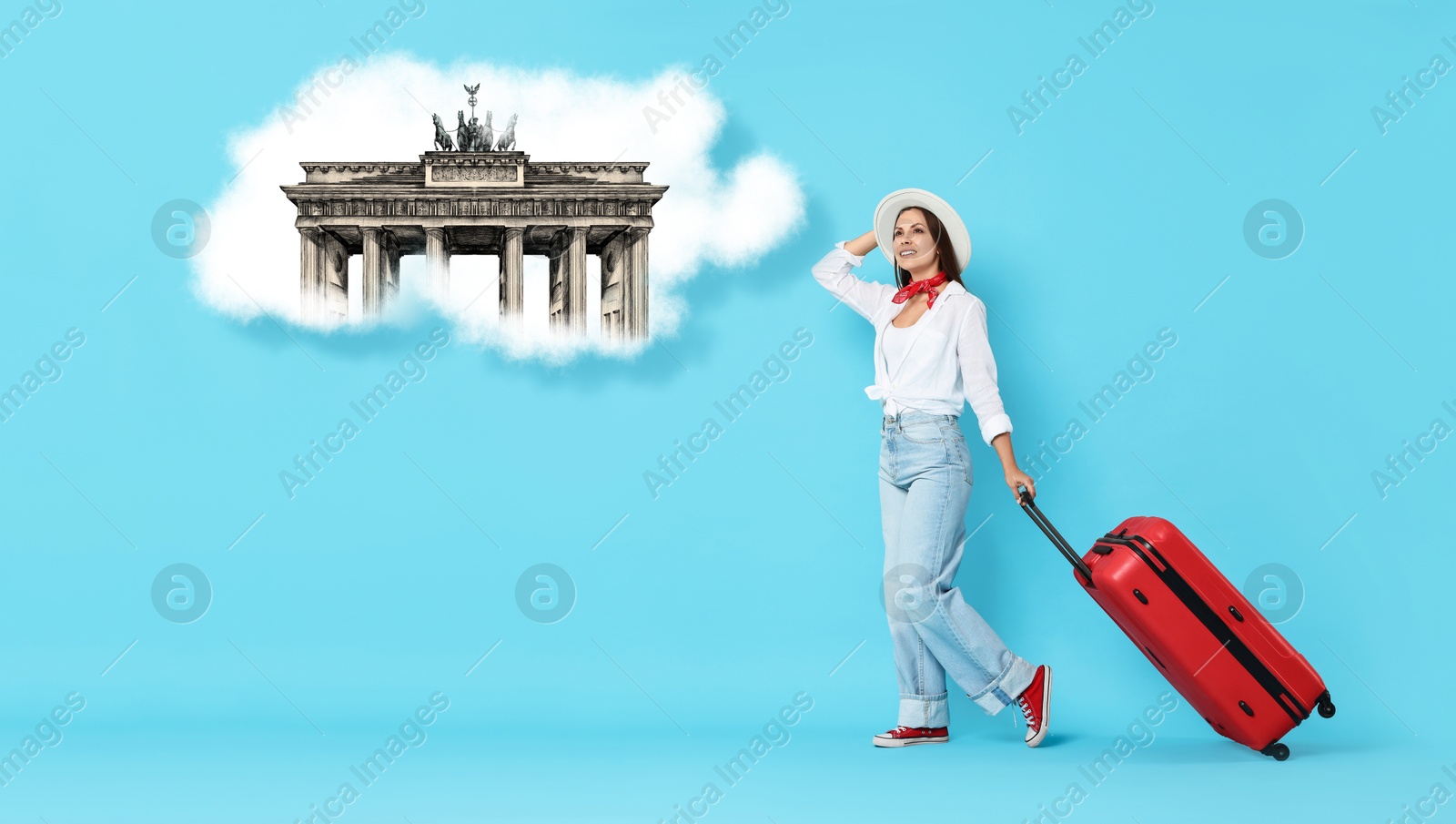 Image of Happy traveler with suitcase dreaming about journey to Brandenburg Gate on light blue background. Illustration of famous landmark in thought cloud