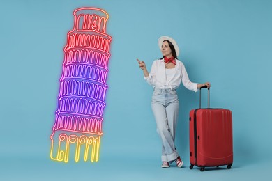 Happy traveler with suitcase pointing at neon illustration of Leaning tower of Pisa against light blue background