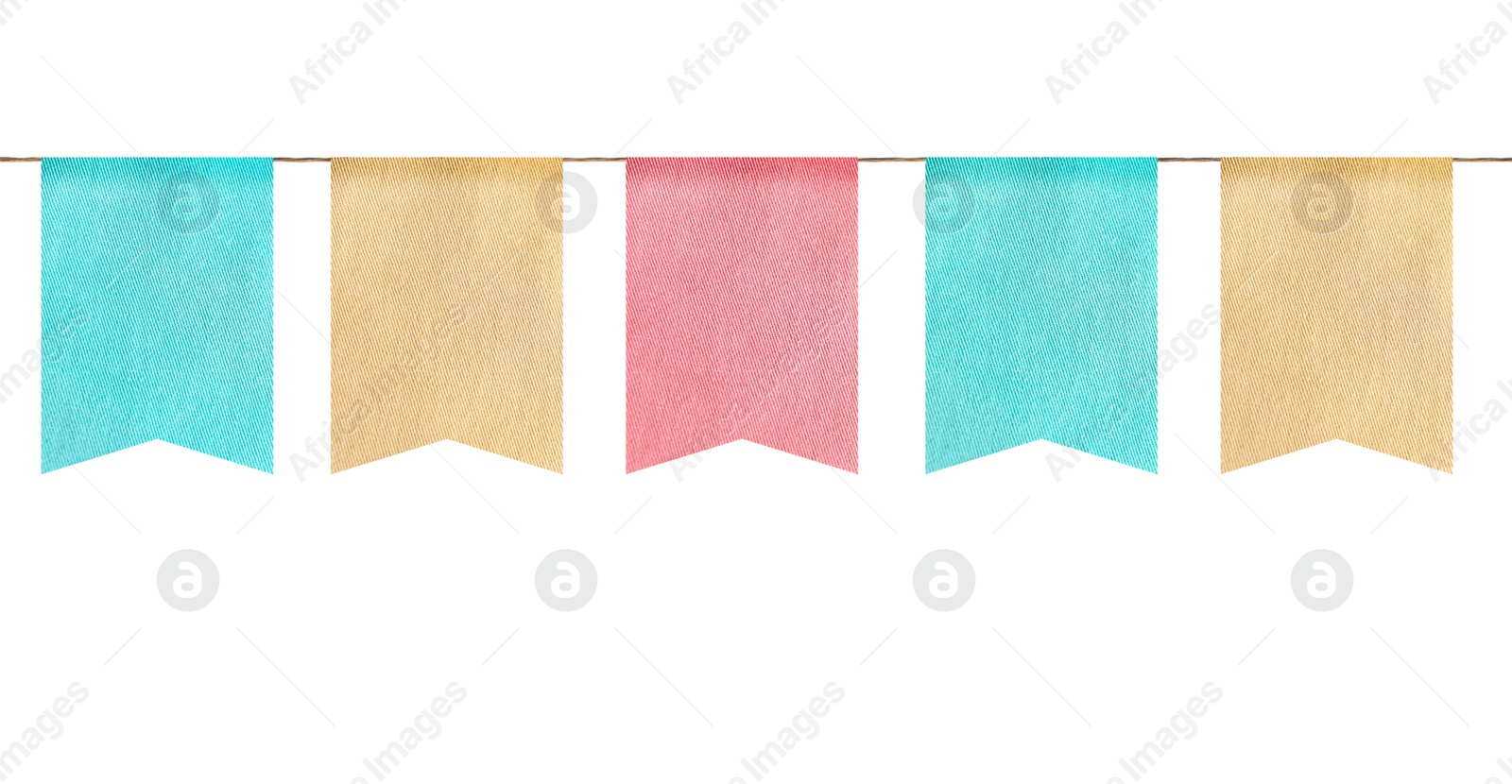 Image of Fabric flags on rope against white background. Party decoration