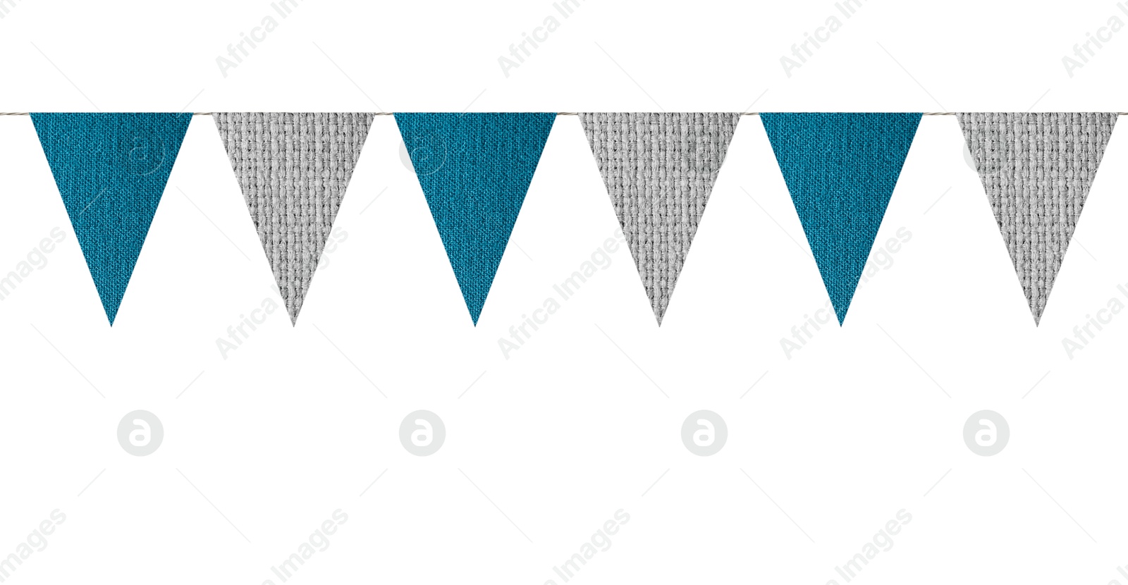 Image of Fabric flags on rope against white background. Party decoration