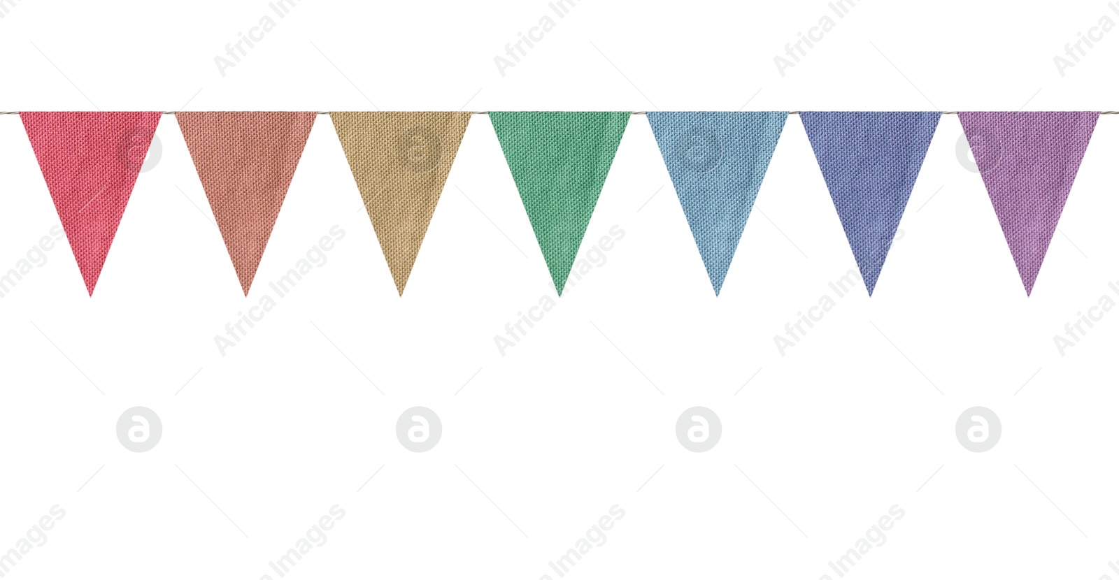 Image of Fabric flags on rope against white background. Party decoration