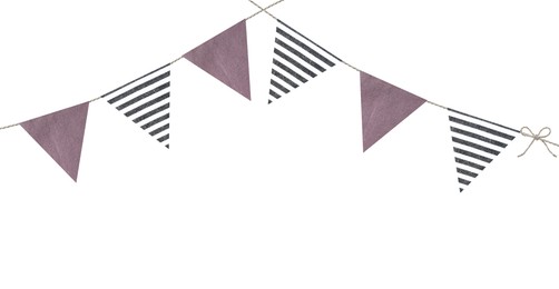 Image of Fabric flags on rope against white background. Party decoration