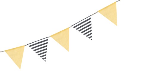 Image of Fabric flags on rope against white background. Party decoration