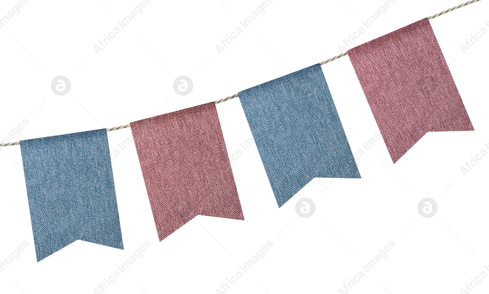 Image of Fabric flags on rope against white background. Party decoration