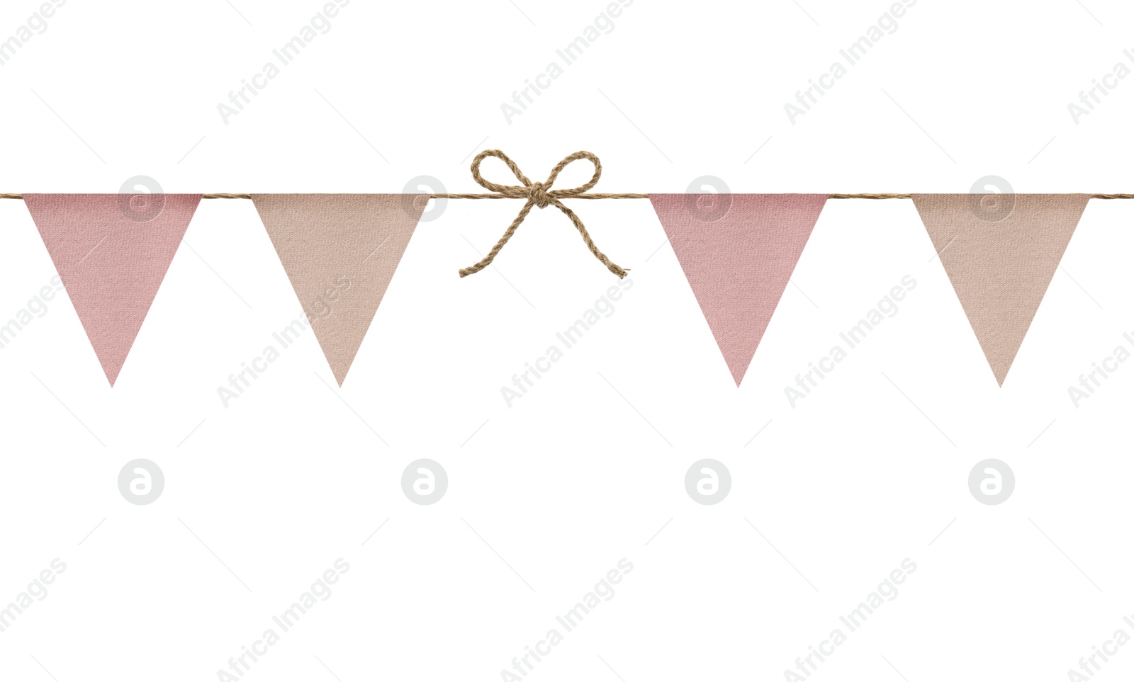 Image of Fabric flags on rope against white background. Party decoration