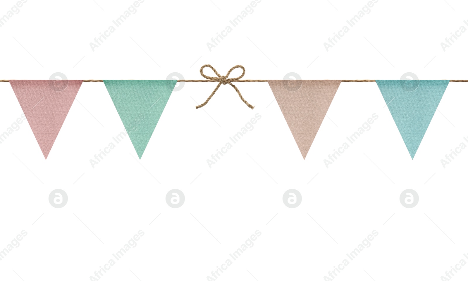 Image of Fabric flags on rope against white background. Party decoration