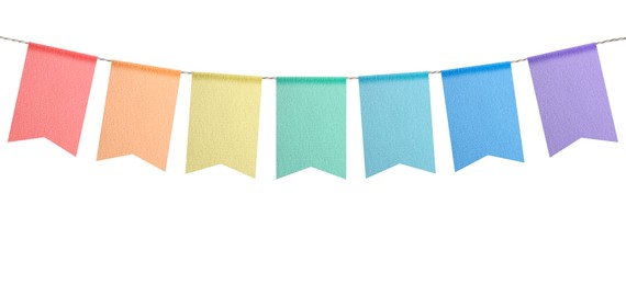 Image of Fabric flags on rope against white background. Party decoration