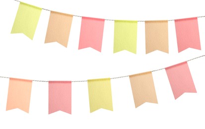 Image of Fabric flags on rope against white background. Party decoration