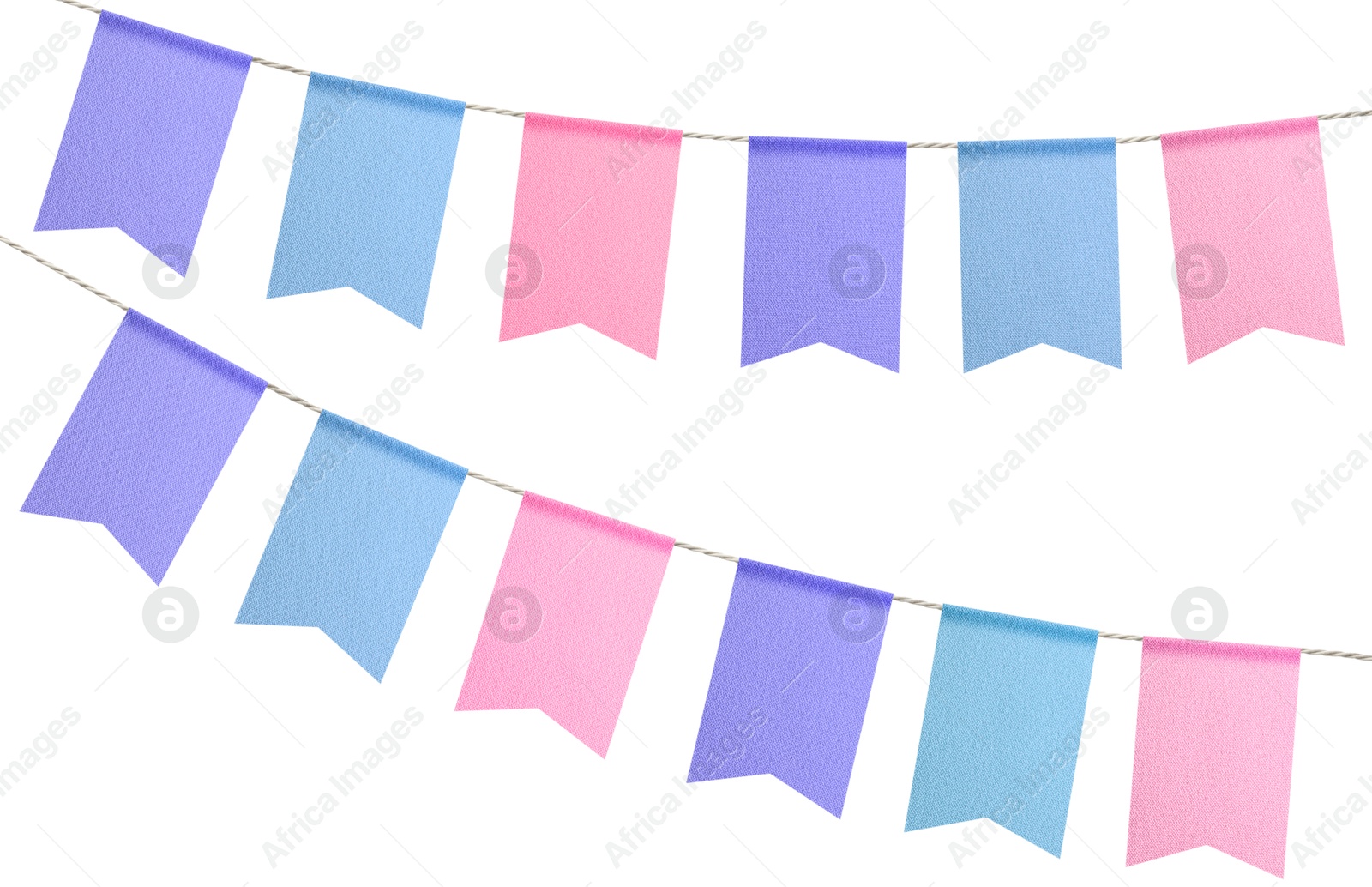 Image of Fabric flags on rope against white background. Party decoration