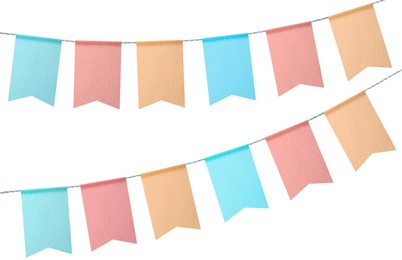 Image of Fabric flags on rope against white background. Party decoration