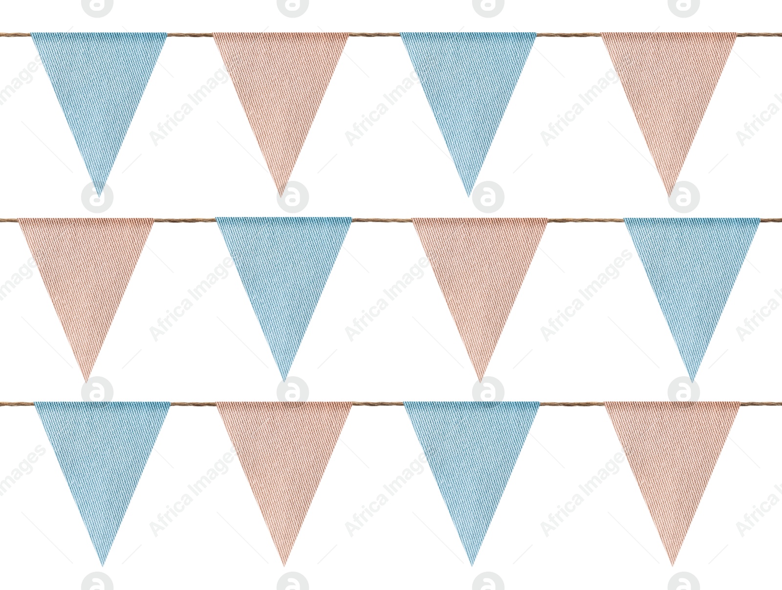 Image of Fabric flags on rope against white background. Party decoration