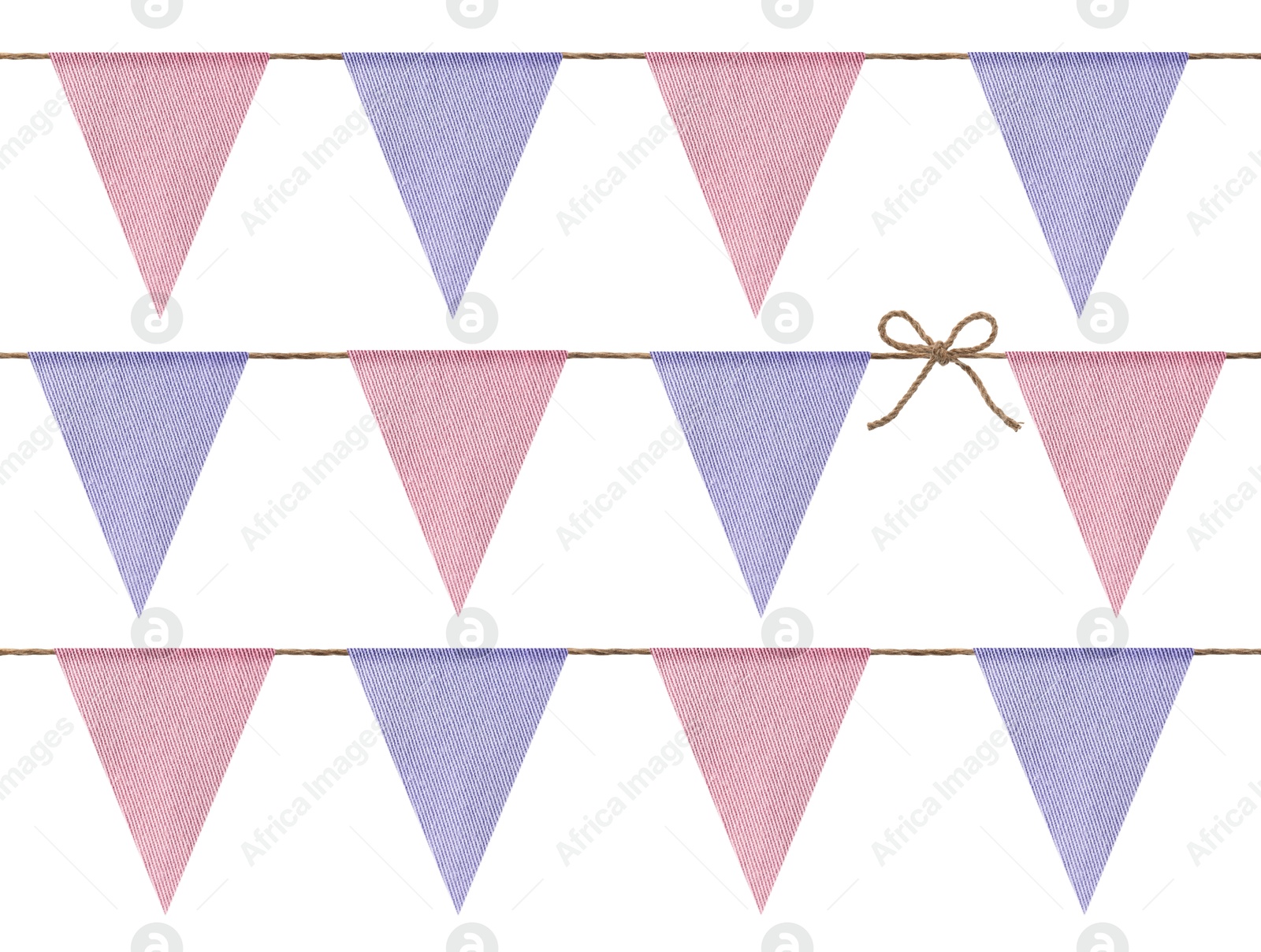 Image of Fabric flags on rope against white background. Party decoration