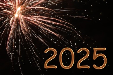 Image of 2025 New Year greeting card with firework on black background