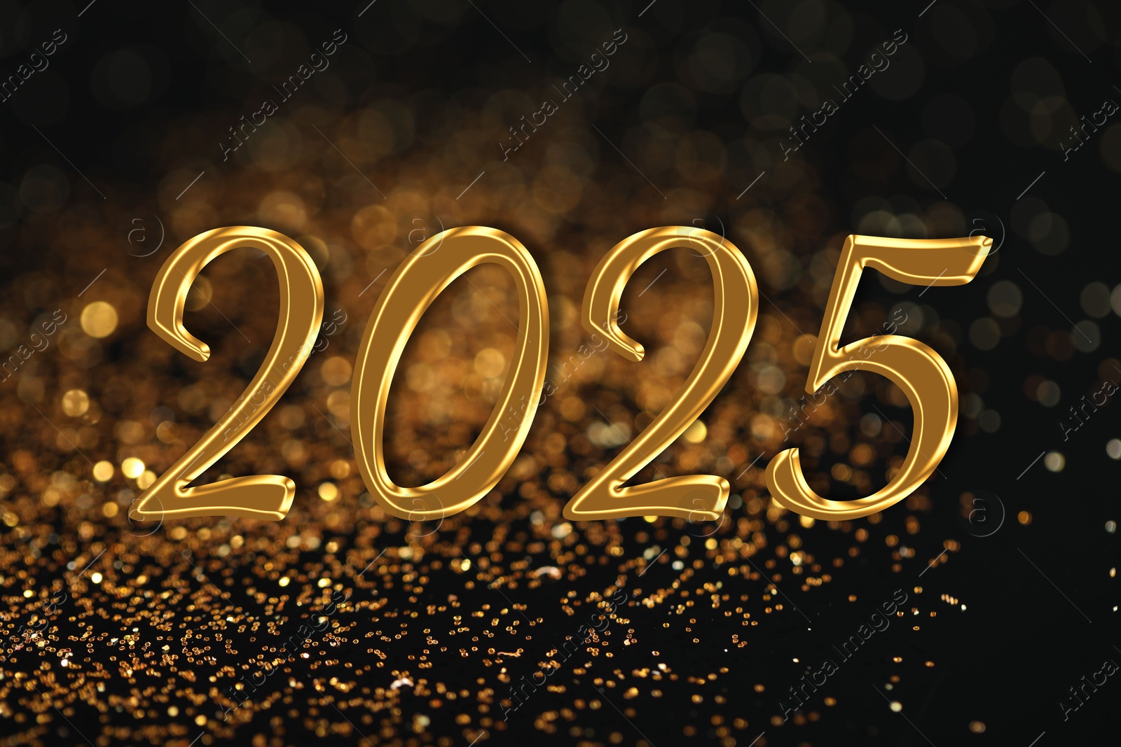 Image of 2025 New Year greeting card with golden sparkles