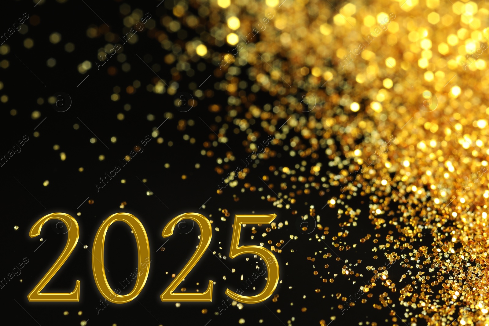 Image of 2025 New Year greeting card with golden sparkles