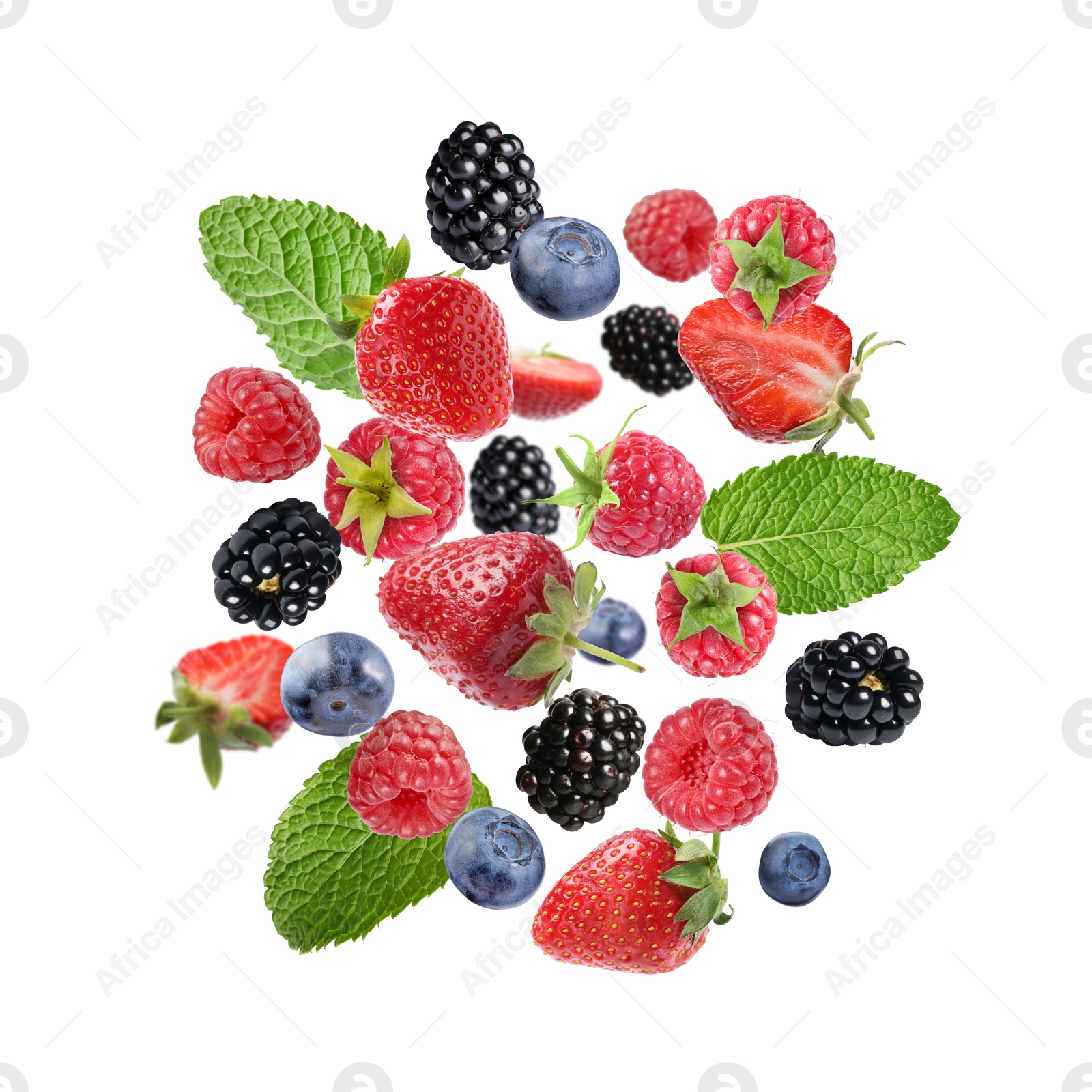 Image of Mix of fresh berries in air on white background