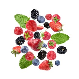 Image of Mix of fresh berries in air on white background