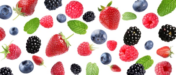 Image of Mix of fresh berries in air on white background