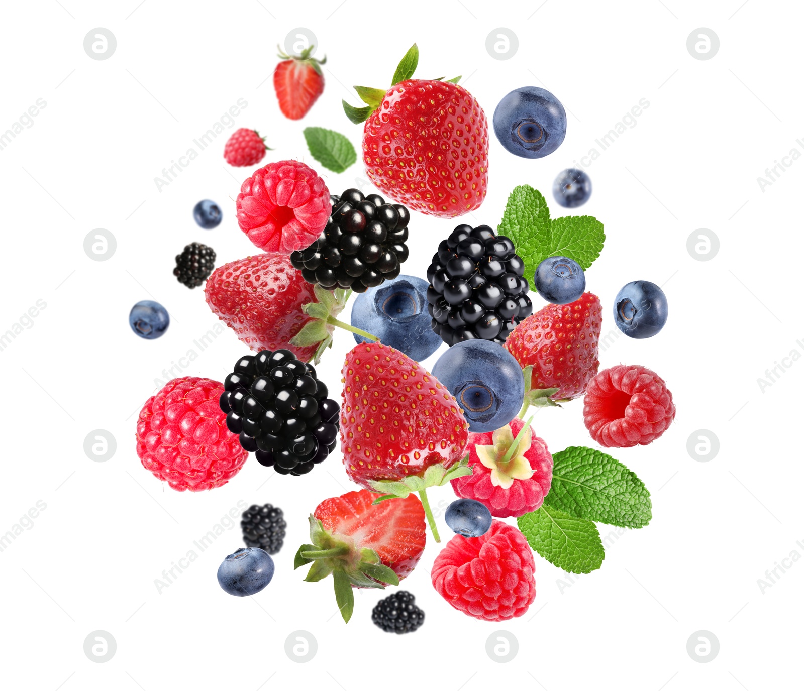 Image of Mix of fresh berries in air on white background