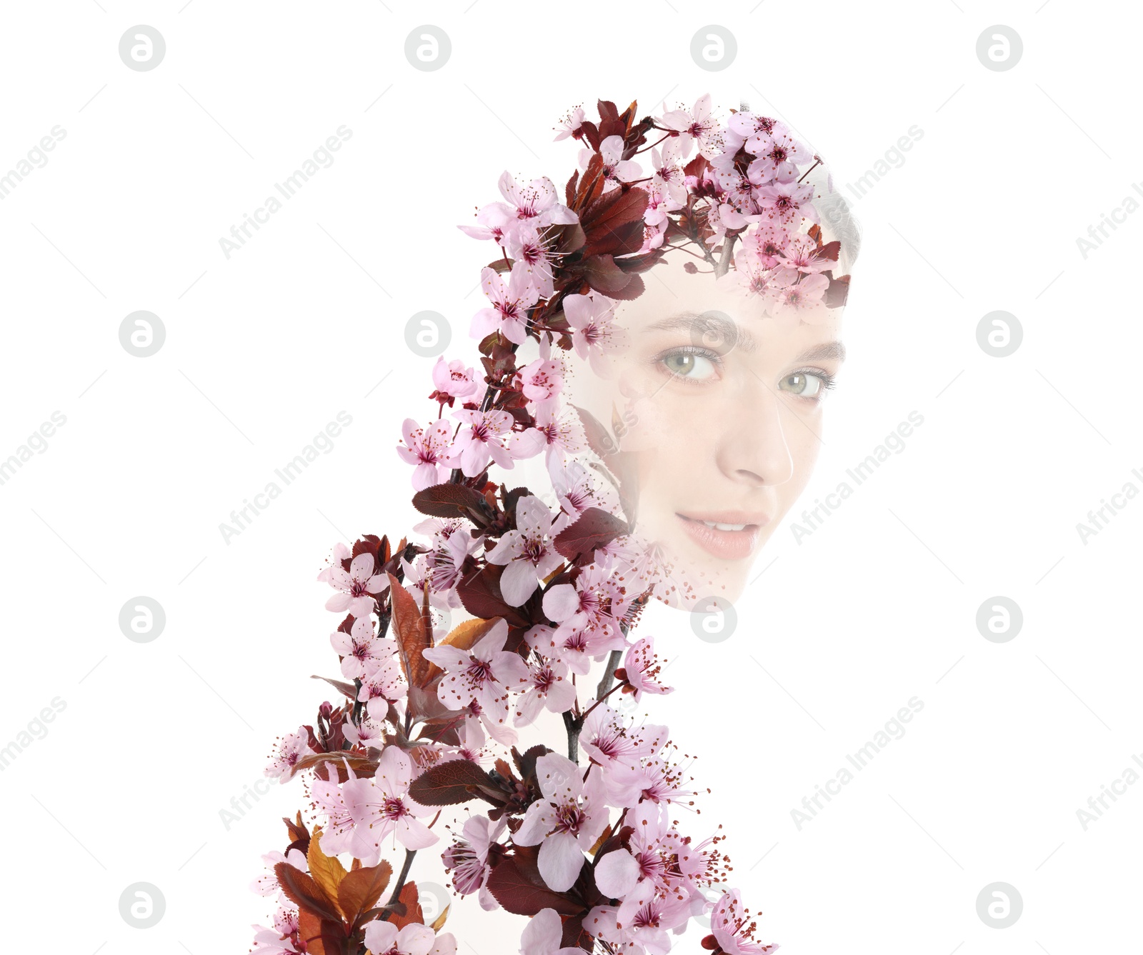 Image of Silhouette of woman and blossoming spring tree on white background. Concept of beauty, femininity and inner peace