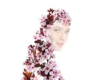 Silhouette of woman and blossoming spring tree on white background. Concept of beauty, femininity and inner peace