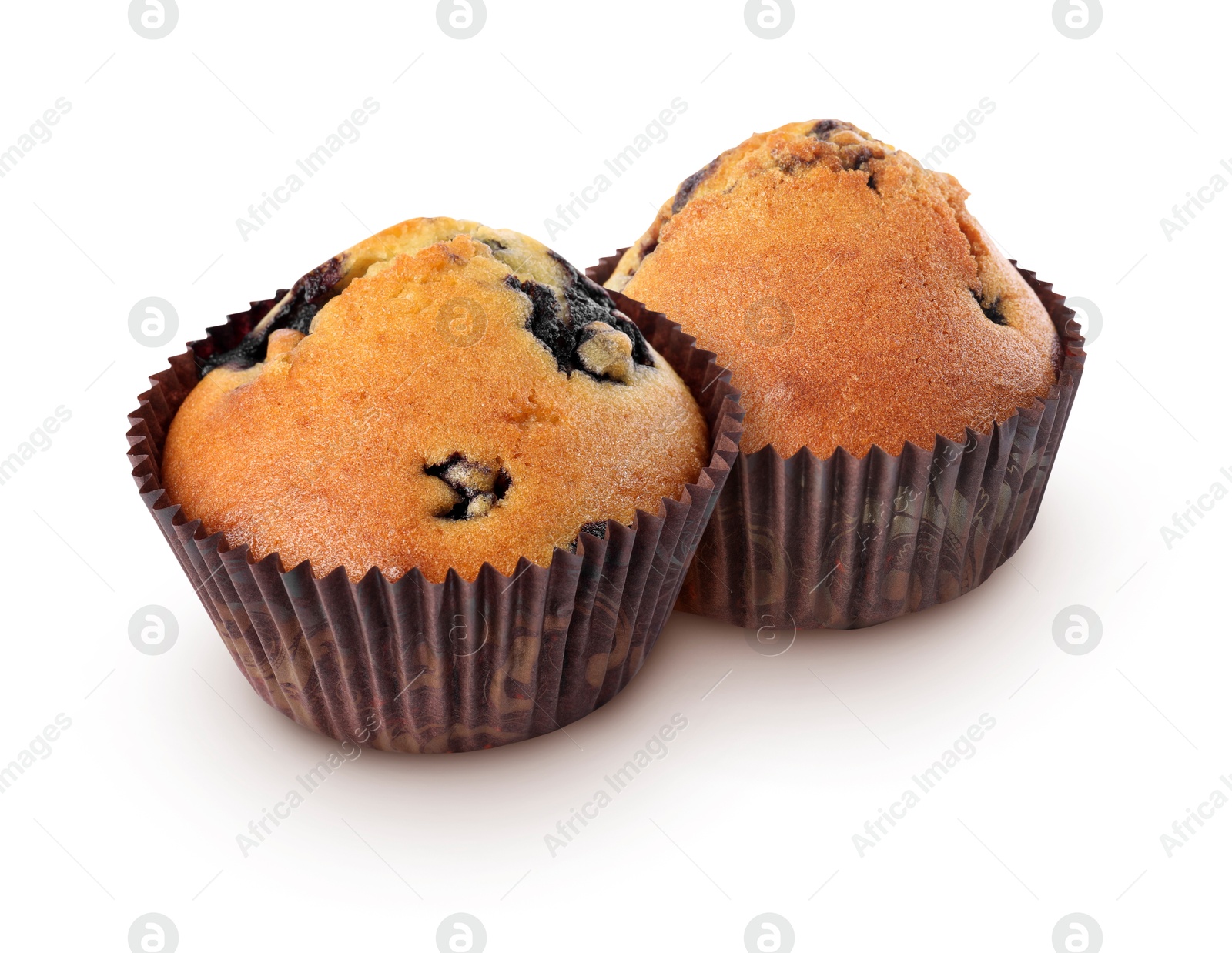 Image of Tasty blueberry muffins in cupcake liners isolated on white