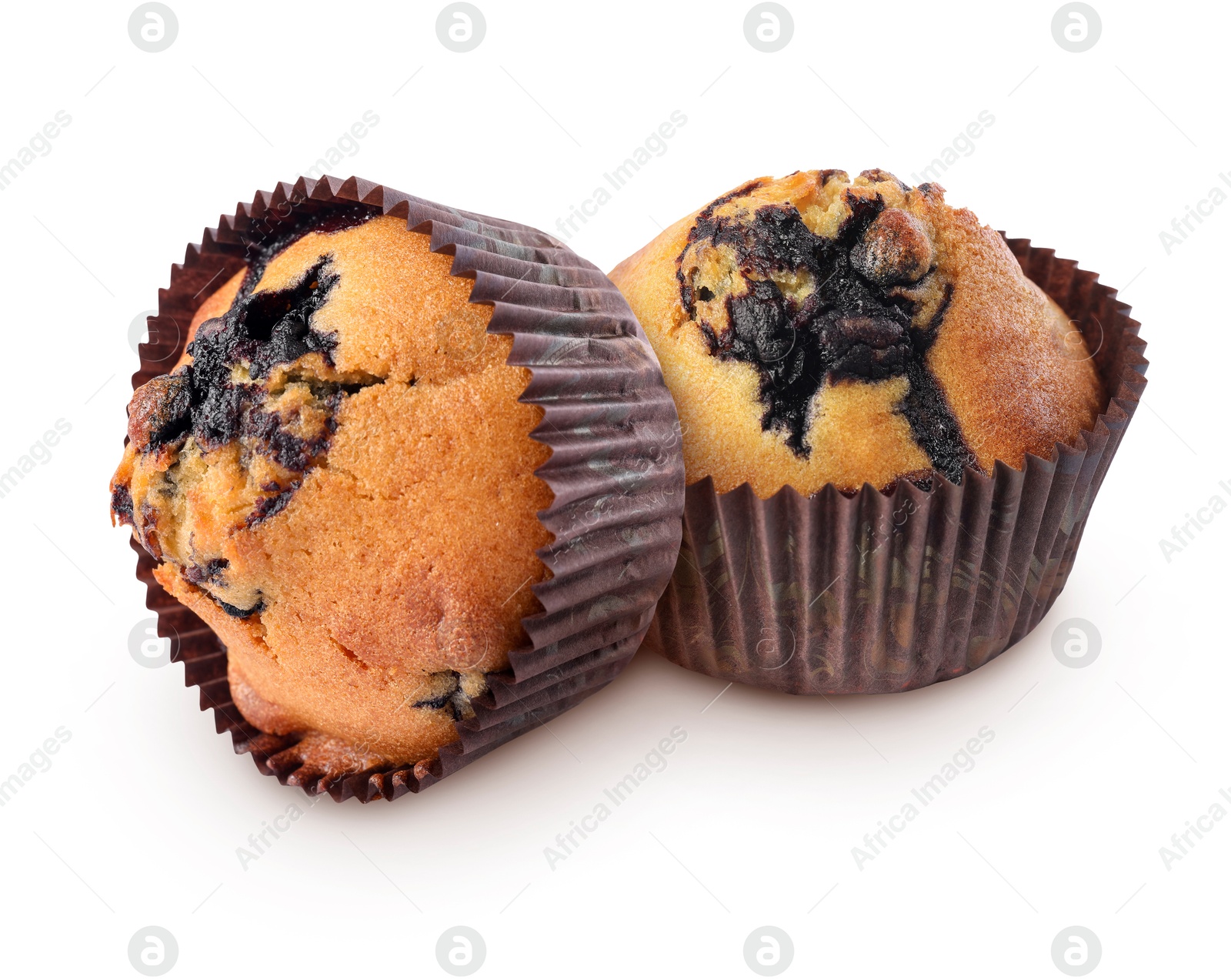 Image of Tasty blueberry muffins in cupcake liners isolated on white