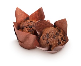 Image of Tasty chocolate chip muffins isolated on white