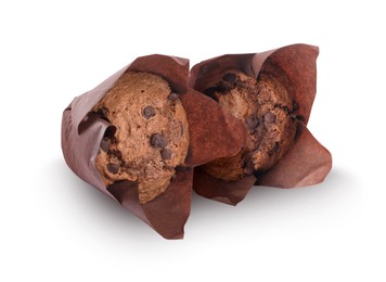 Image of Tasty chocolate chip muffins isolated on white