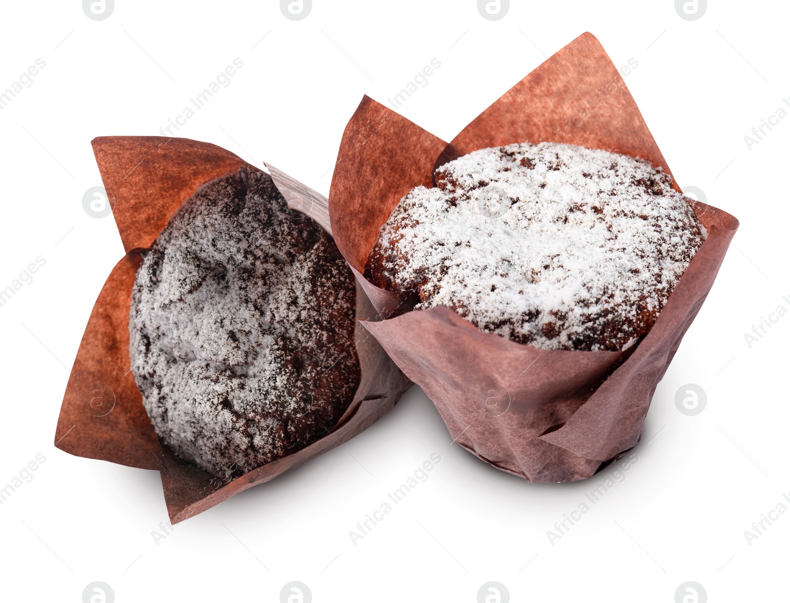 Image of Tasty chocolate muffins with powdered sugar isolated on white