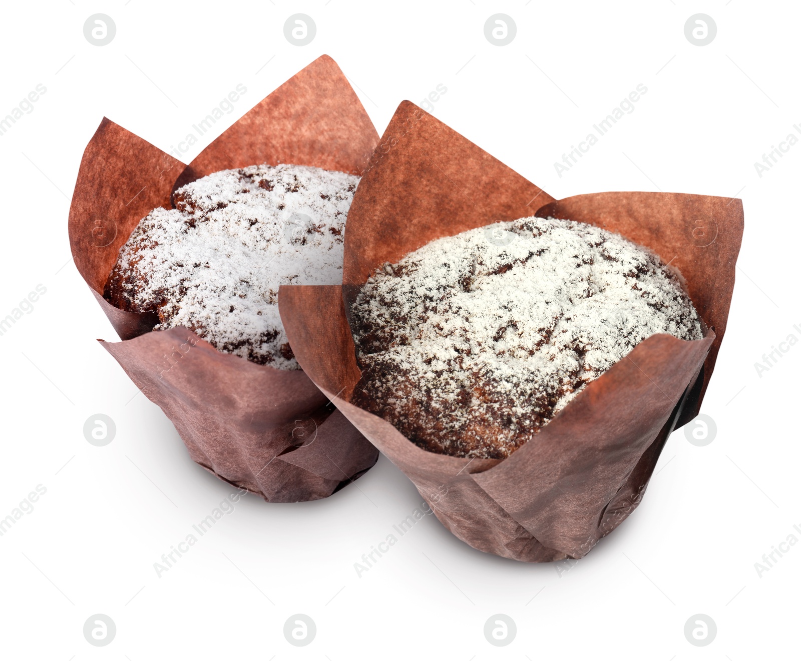 Image of Tasty chocolate muffins with powdered sugar isolated on white