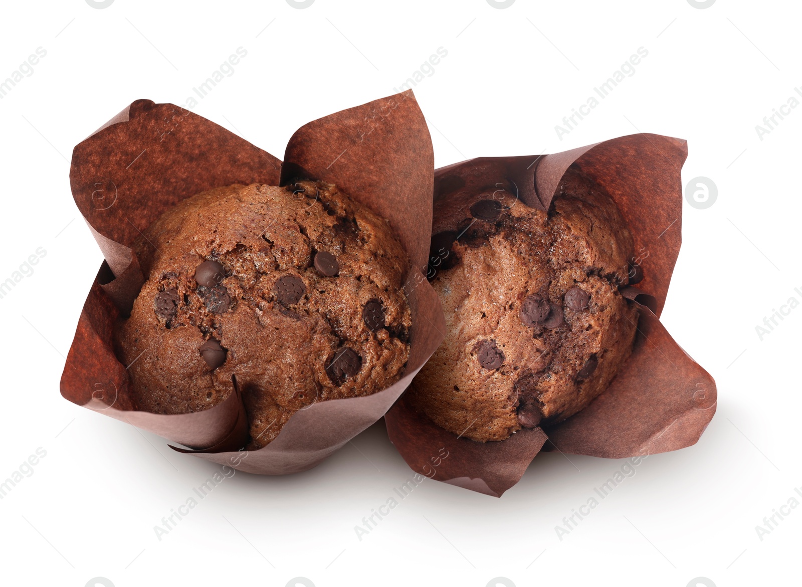 Image of Tasty chocolate chip muffins isolated on white