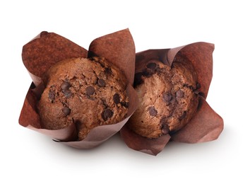 Image of Tasty chocolate chip muffins isolated on white