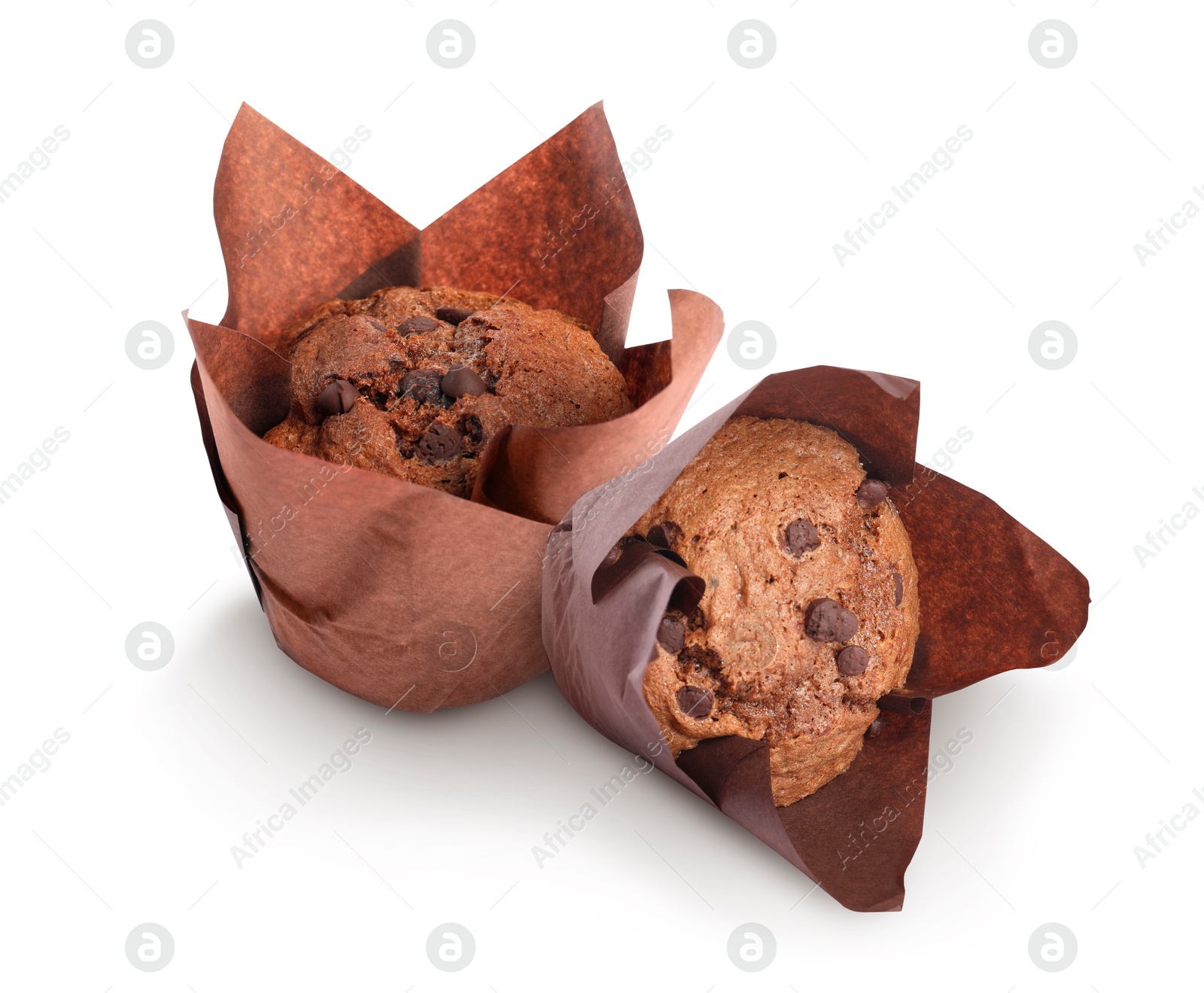 Image of Tasty chocolate chip muffins isolated on white