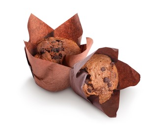 Image of Tasty chocolate chip muffins isolated on white