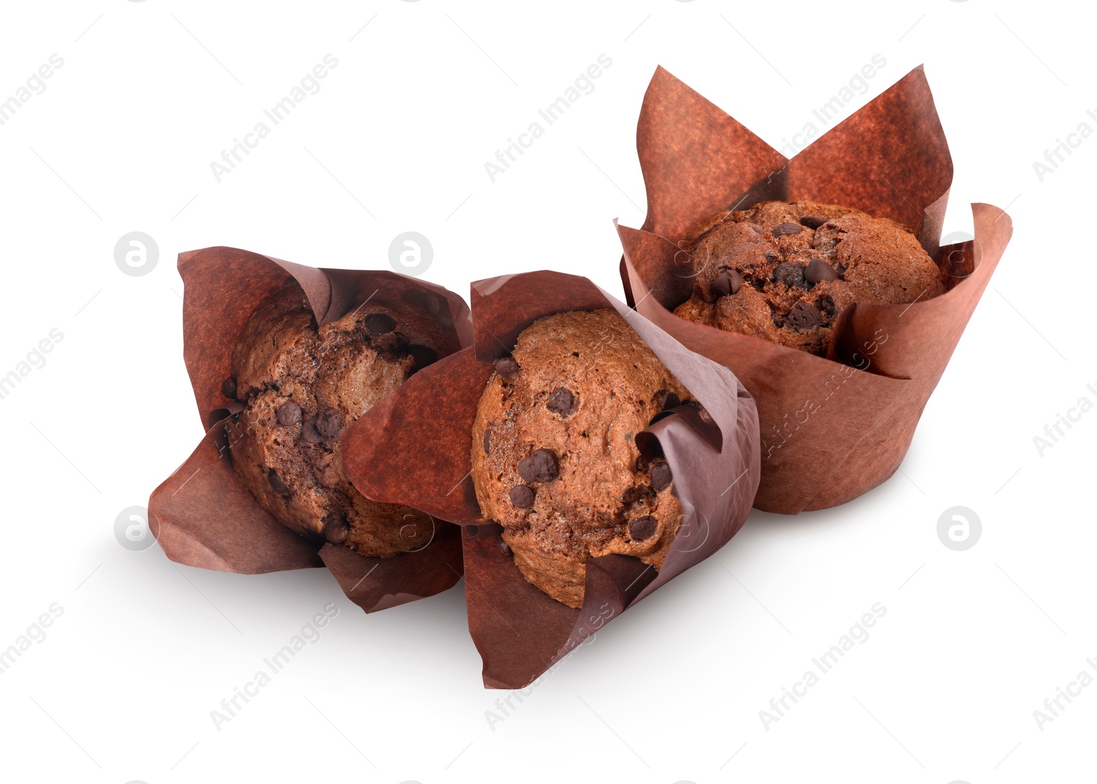 Image of Tasty chocolate chip muffins isolated on white