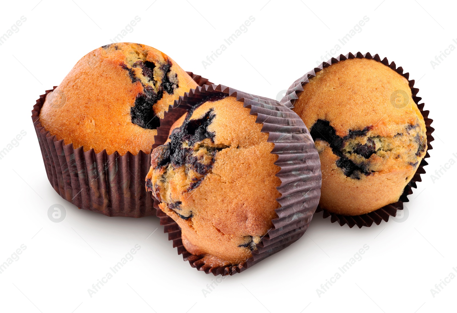 Image of Tasty blueberry muffins in cupcake liners isolated on white