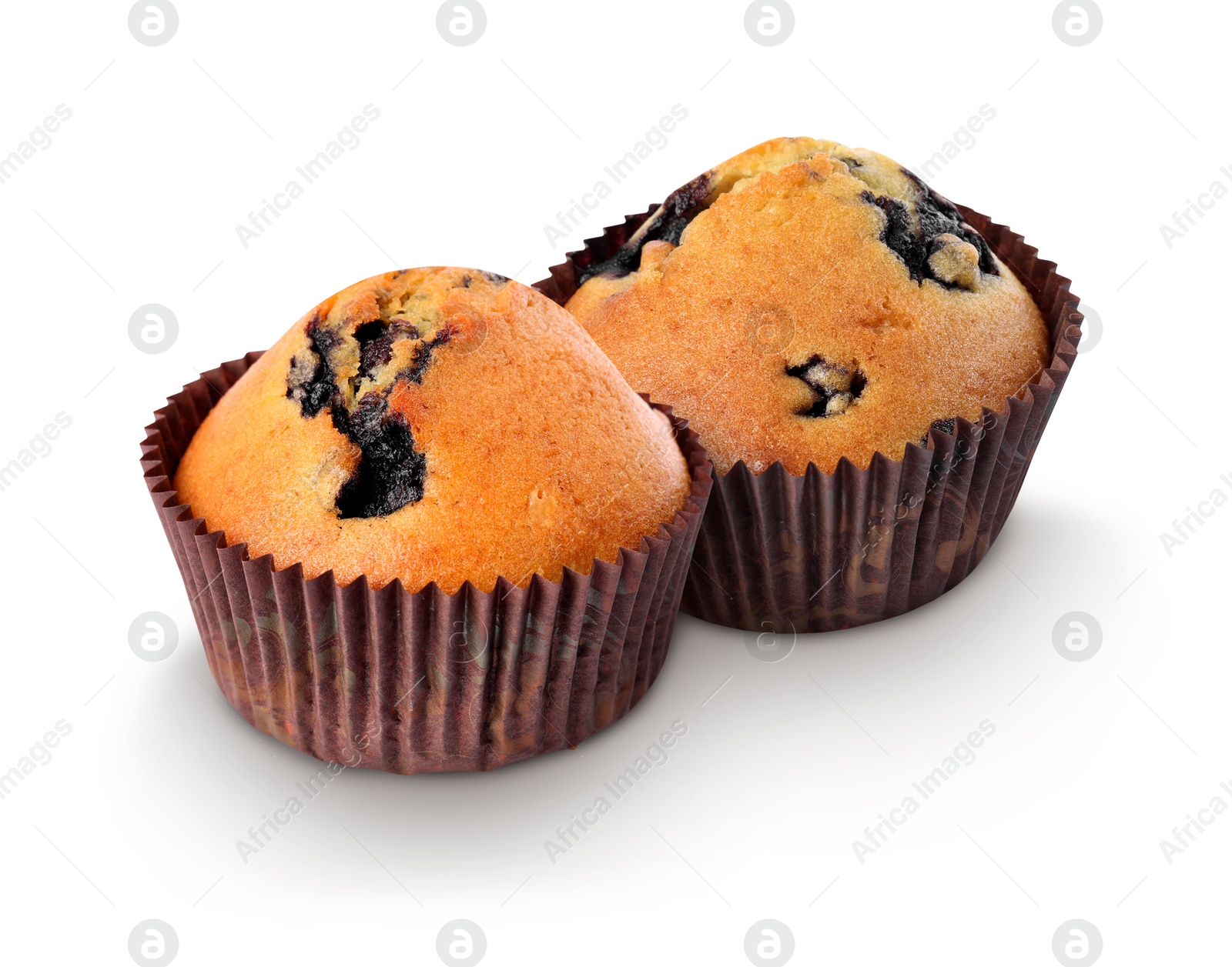 Image of Tasty blueberry muffins in cupcake liners isolated on white