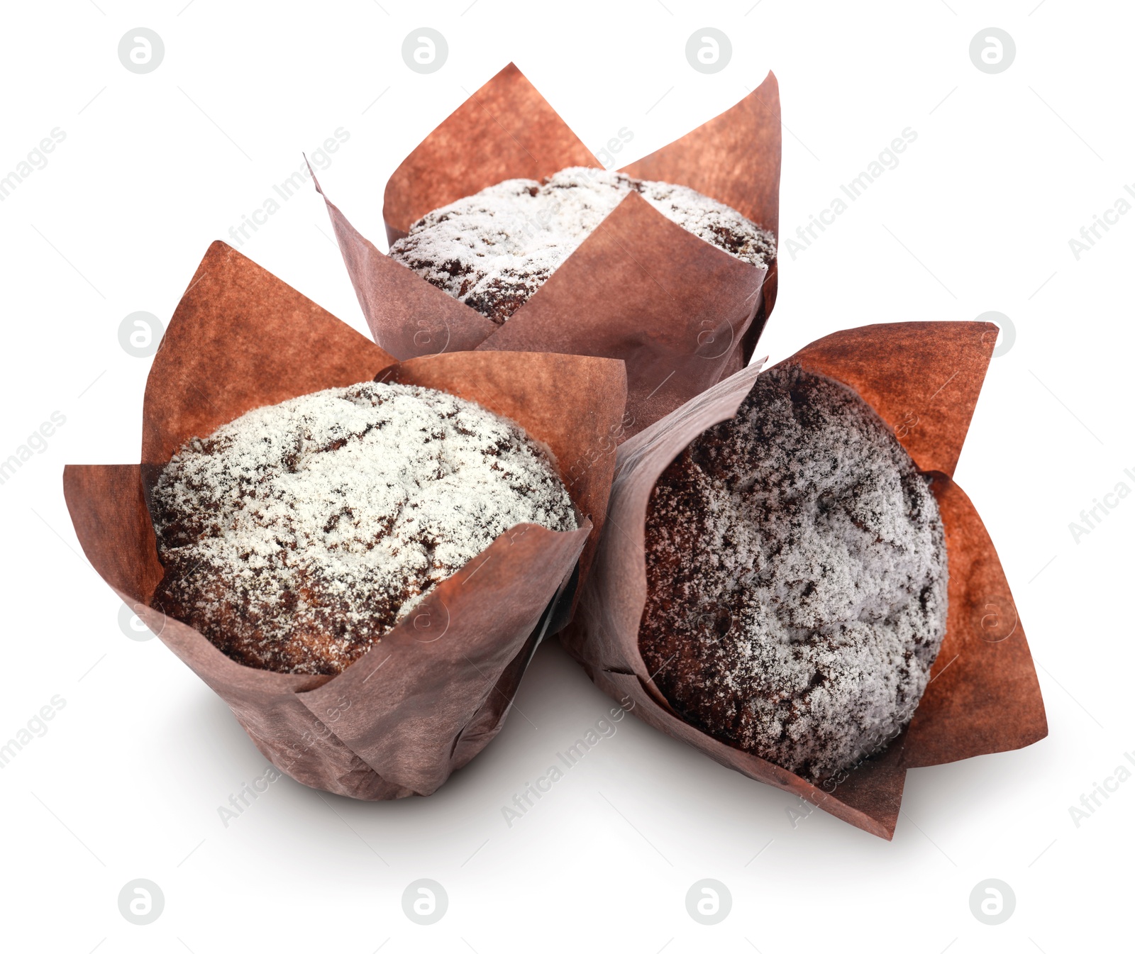 Image of Tasty chocolate muffins with powdered sugar isolated on white