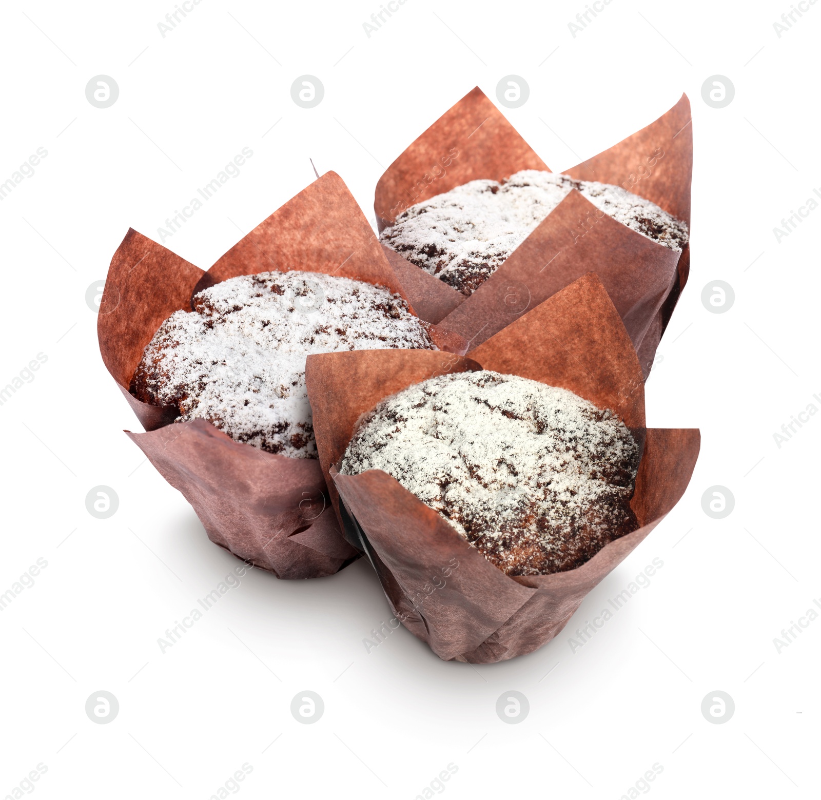 Image of Tasty chocolate muffins with powdered sugar isolated on white