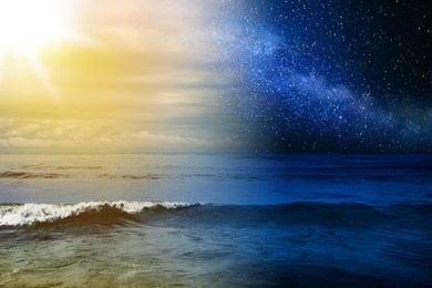 Image of Sea on sunny day and starry night, combined design