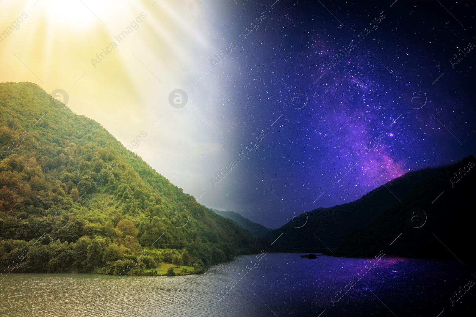 River in mountains on sunny day and starry night, combined design Image of River in mountains on sunny day and starry night, combined design