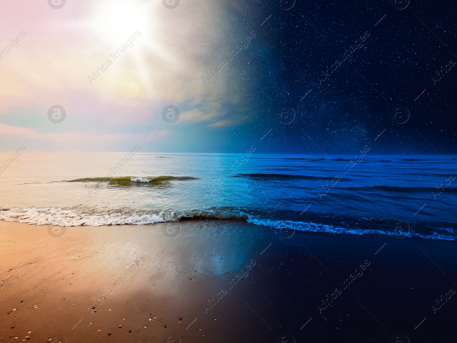 Image of Sea on sunny day and starry night, combined design