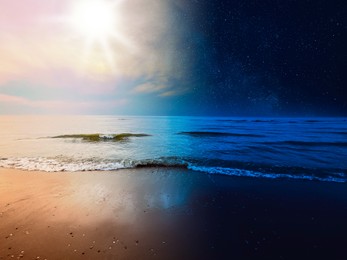 Image of Sea on sunny day and starry night, combined design