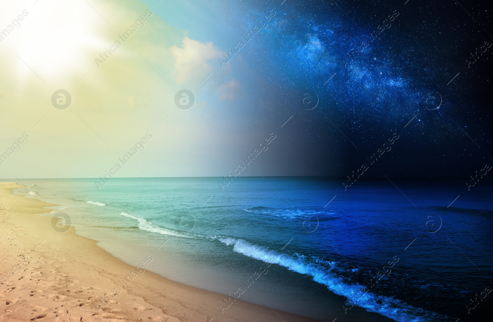 Sea on sunny day and starry night, combined design Image of Sea on sunny day and starry night, combined design