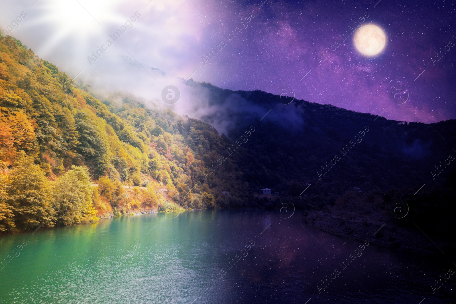 River in mountains on sunny day and night, combined design Image of River in mountains on sunny day and night, combined design